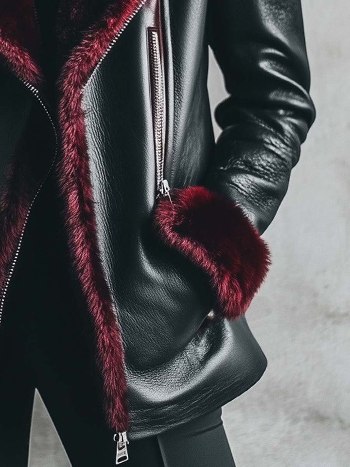 (clearance) Women's Retro Contrast Color Fur Collar Leather Jacket