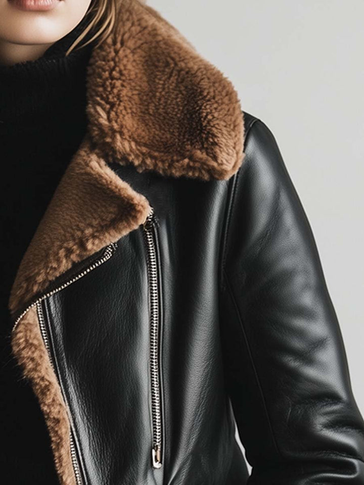 (clearance) Women's Vintage Fur Collar Contrast Faux Leather Jacket