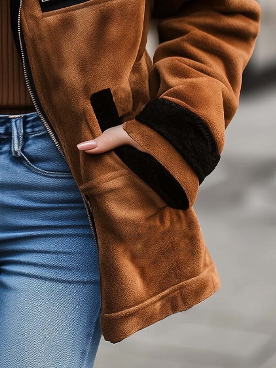 (clearance) Women's Retro Zipper Contrast Color Suede Coat