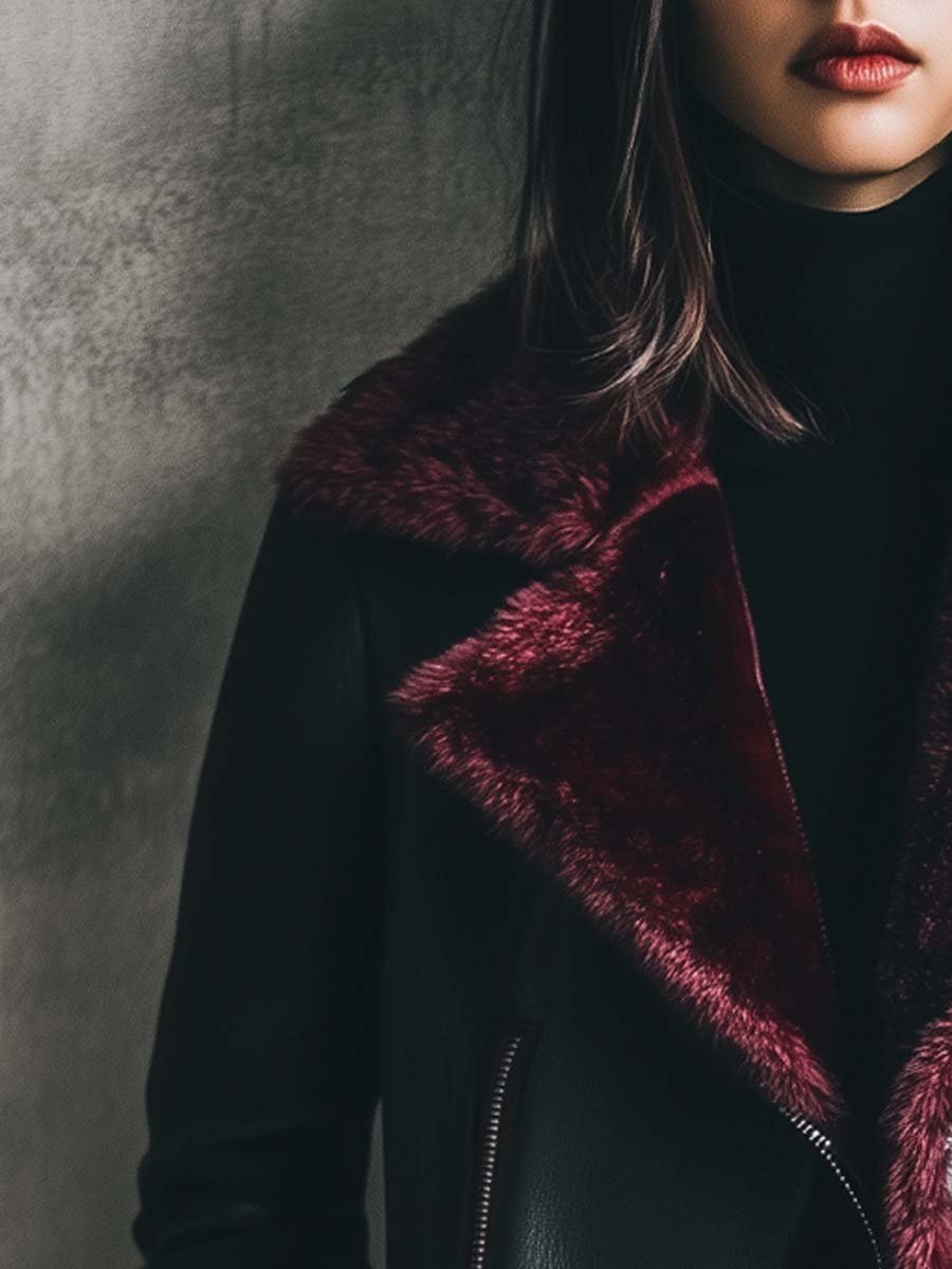 (clearance) Women's Retro Contrast Color Fur Collar Leather Jacket