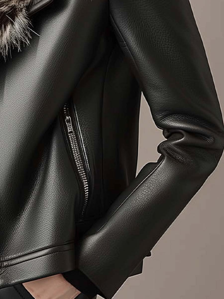 (clearance) Women's Vintage Fur Collar And Lined Zipper Leather Jacket