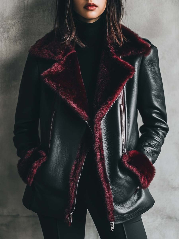 (clearance) Women's Retro Contrast Color Fur Collar Leather Jacket