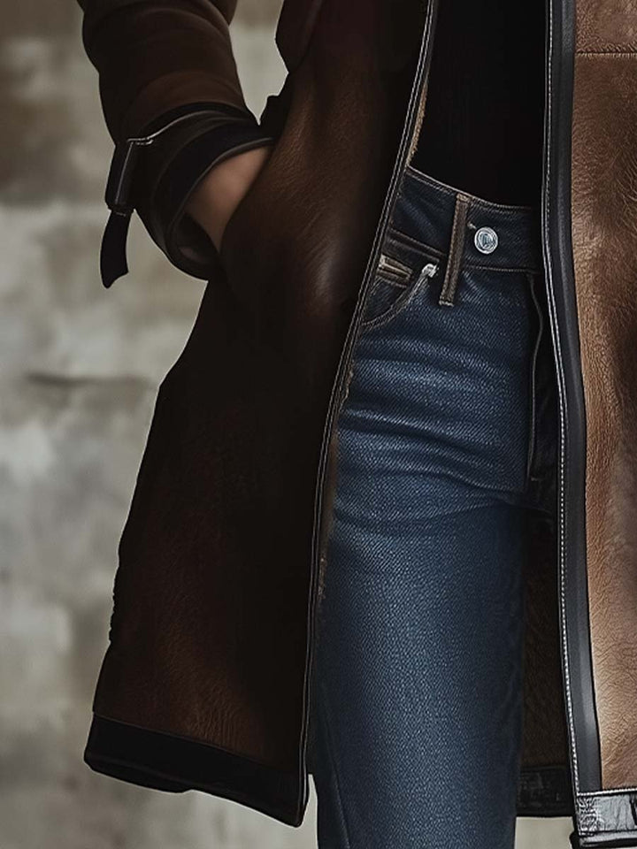 (clearance)Women's Vintage Contrast Collar Faux Leather Jacket