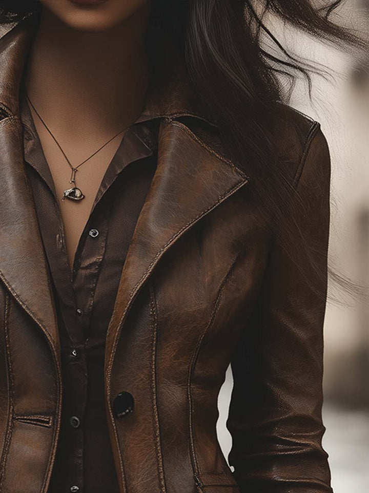 (clearance) Women's Vintage Lapel Pocket Faux Leather Jacket