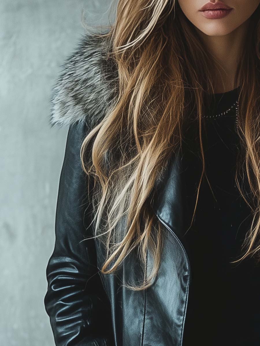 (clearance)Women's Vintage Fur Collar Zipper Mid-Length Leather Coat