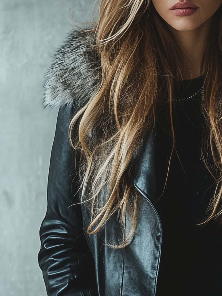 (clearance)Women's Vintage Fur Collar Zipper Mid-Length Leather Coat