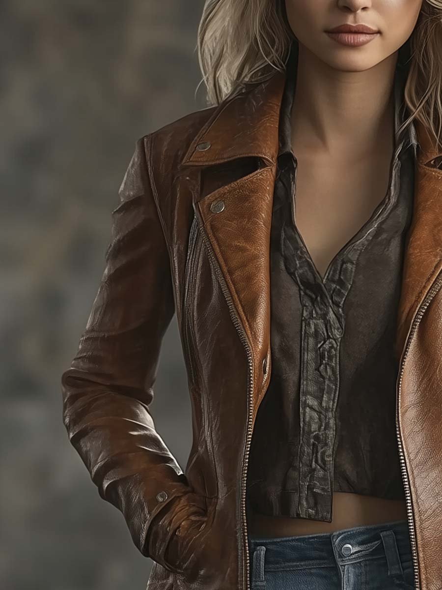 (clearance) Women's Vintage Contrast Zipper Faux Leather Jacket