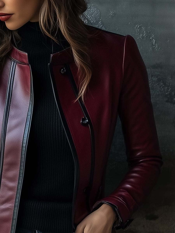 (clearance) Women's Retro Contrast Color Stand Collar Leather Coat