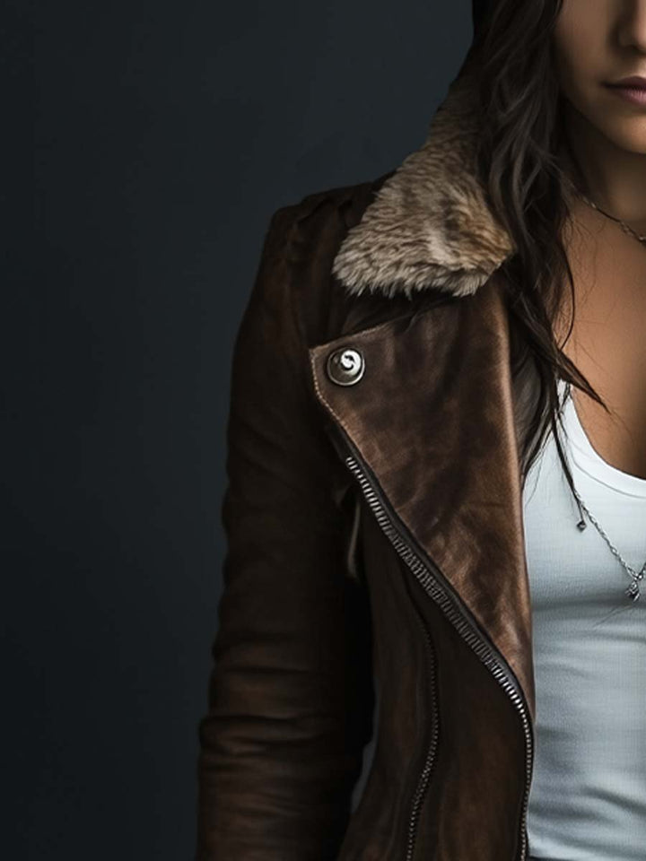 (clearance) Women's Vintage Fur Collar Zipper Faux Leather Coat