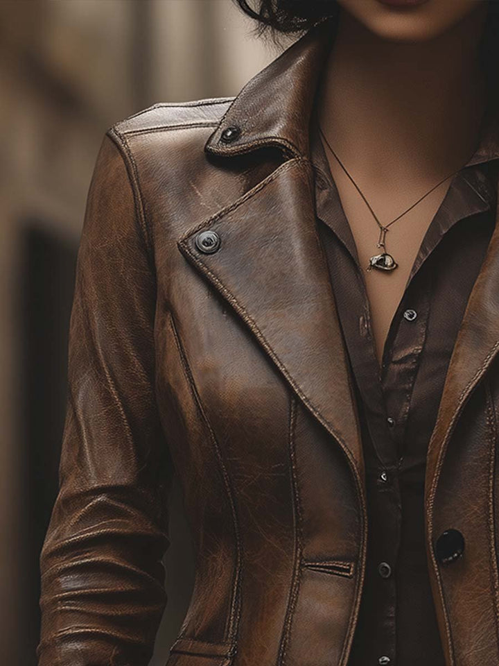 (clearance) Women's Vintage Lapel Pocket Faux Leather Jacket