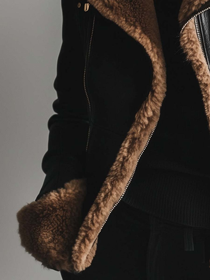 (clearance) Women's Vintage Fur Collar Contrast Faux Leather Jacket