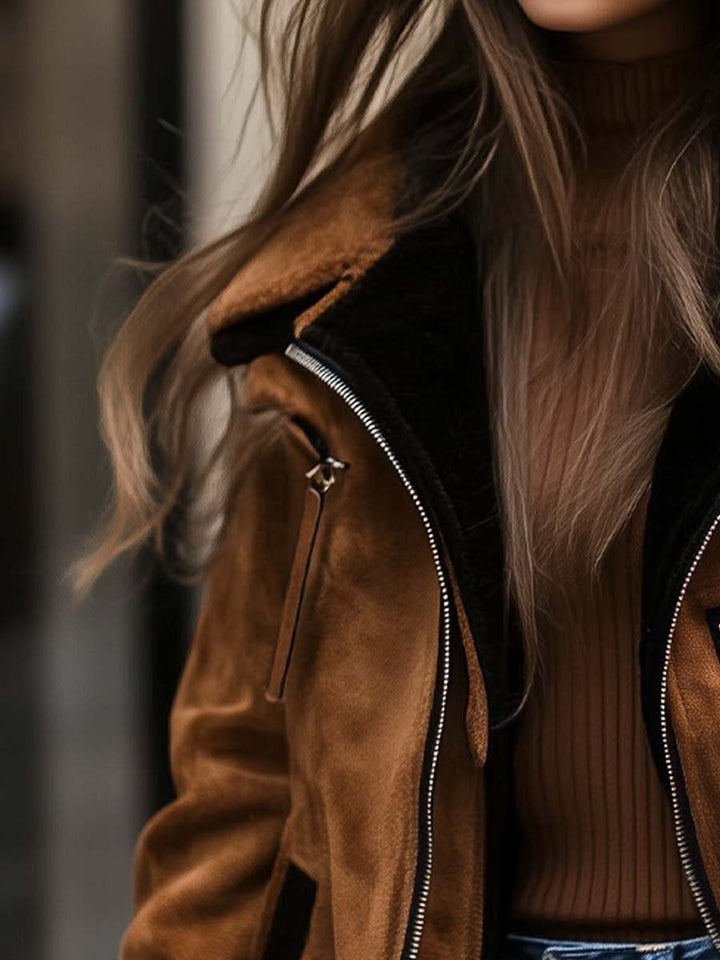 (clearance) Women's Retro Zipper Contrast Color Suede Coat