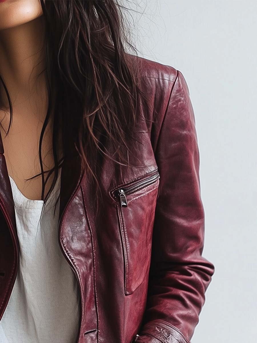 (clearance) Women's Vintage Burgundy Faux Leather Jacket