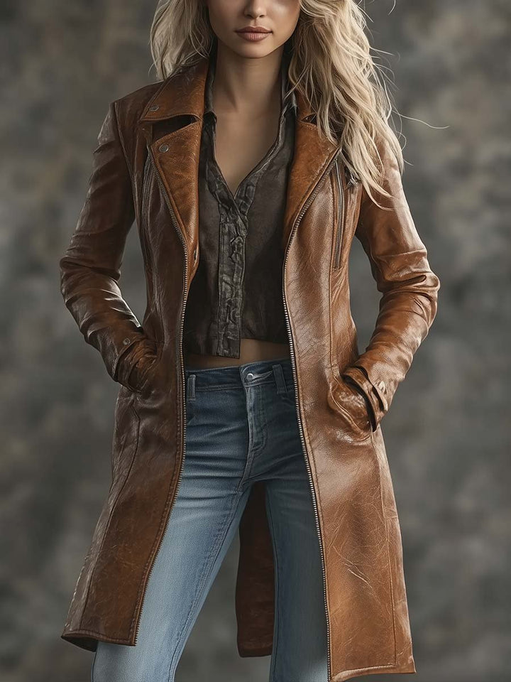 (clearance) Women's Vintage Contrast Zipper Faux Leather Jacket