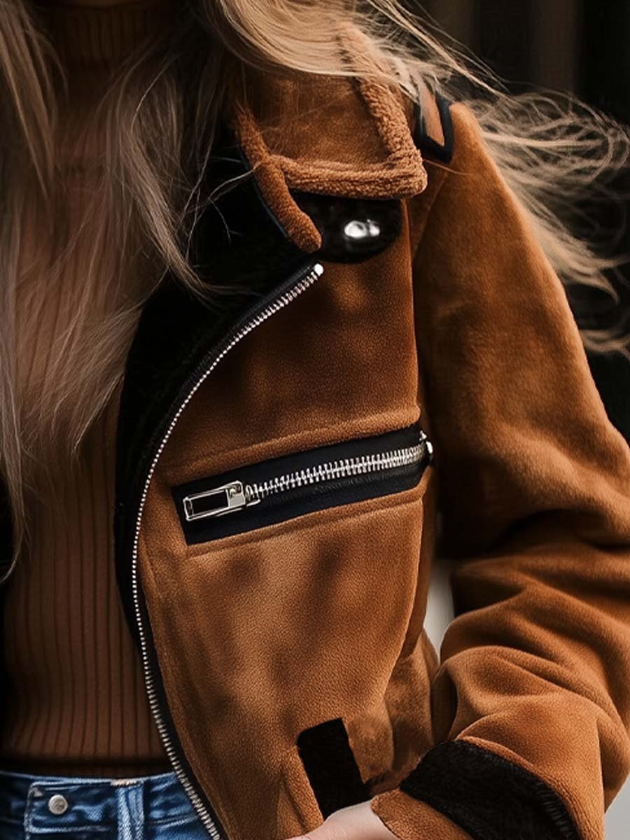 (clearance) Women's Retro Zipper Contrast Color Suede Coat