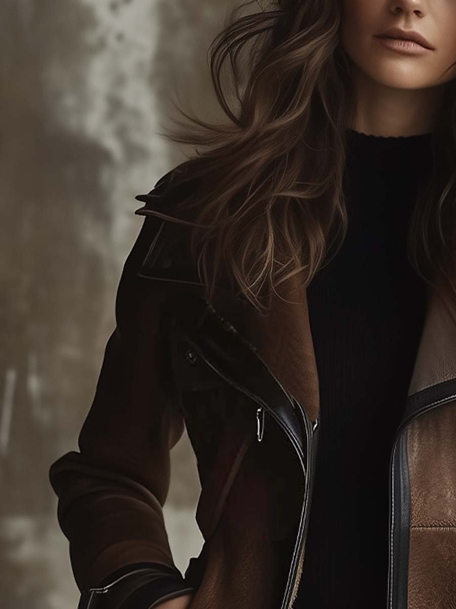 (clearance)Women's Vintage Contrast Collar Faux Leather Jacket