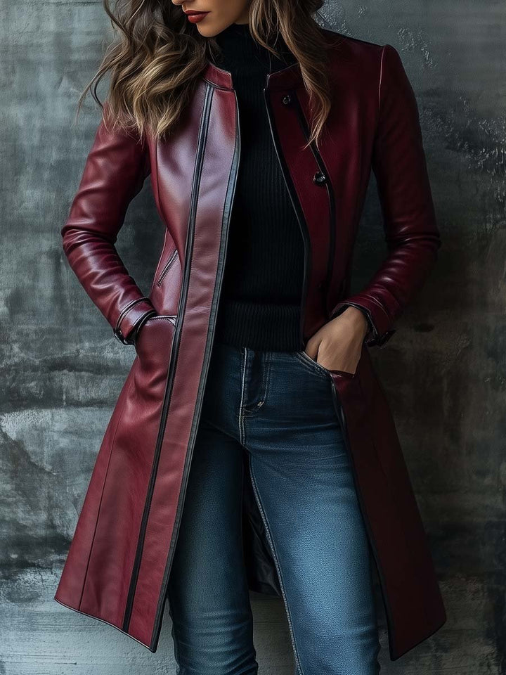(clearance) Women's Retro Contrast Color Stand Collar Leather Coat