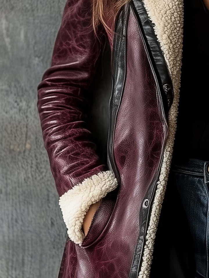 (clearance) Women's Vintage Burgundy Lambskin Faux Leather Coat