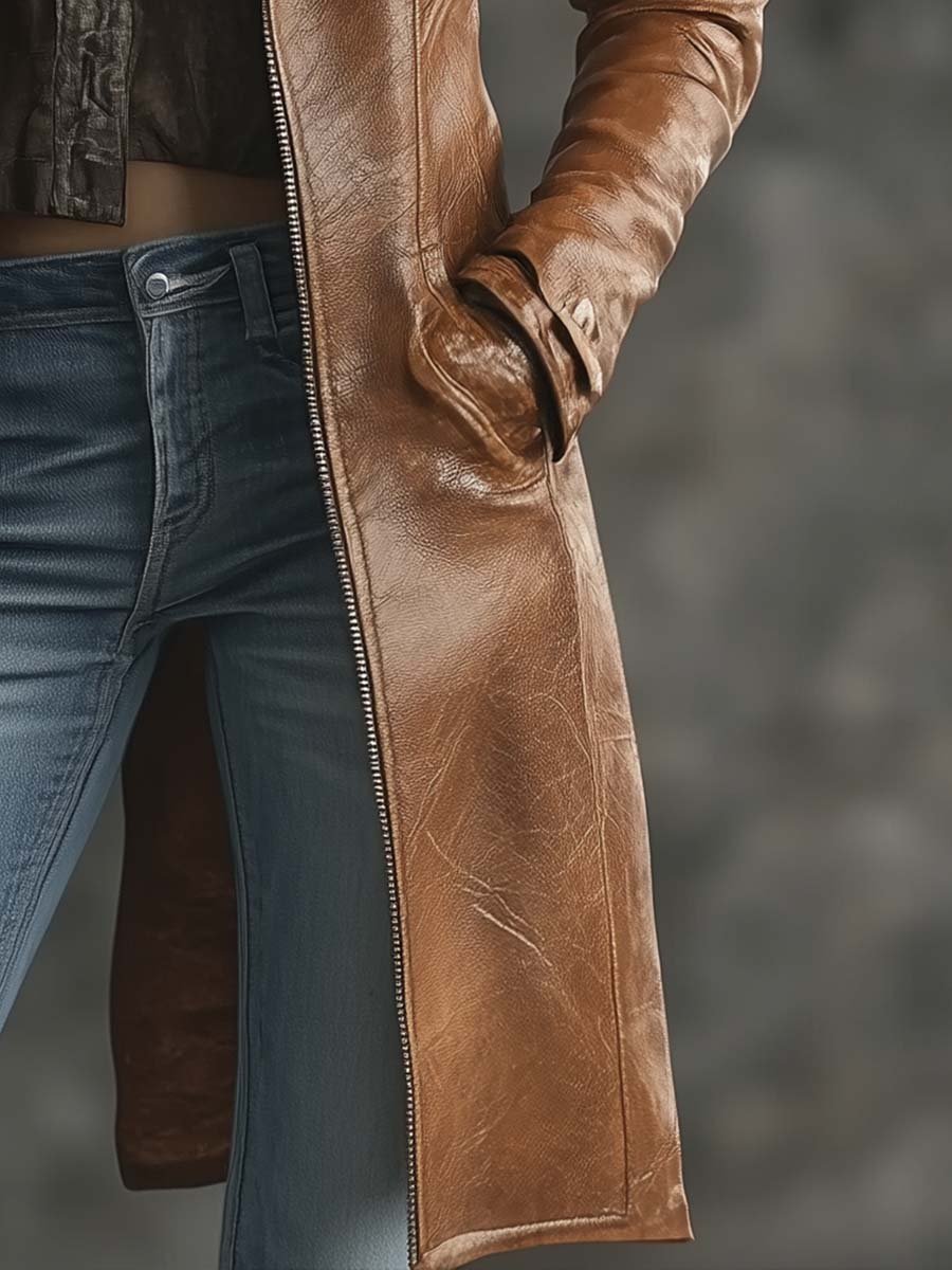 (clearance) Women's Vintage Contrast Zipper Faux Leather Jacket