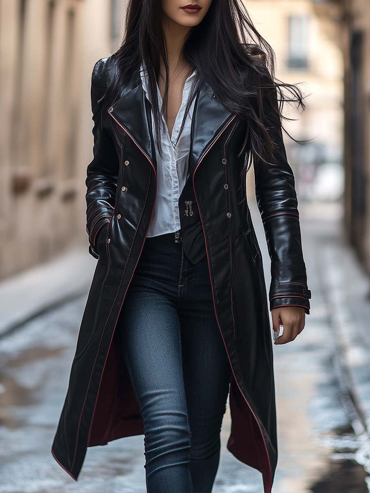 (clearance) Women's Retro Zipper Button Long Leather Coat